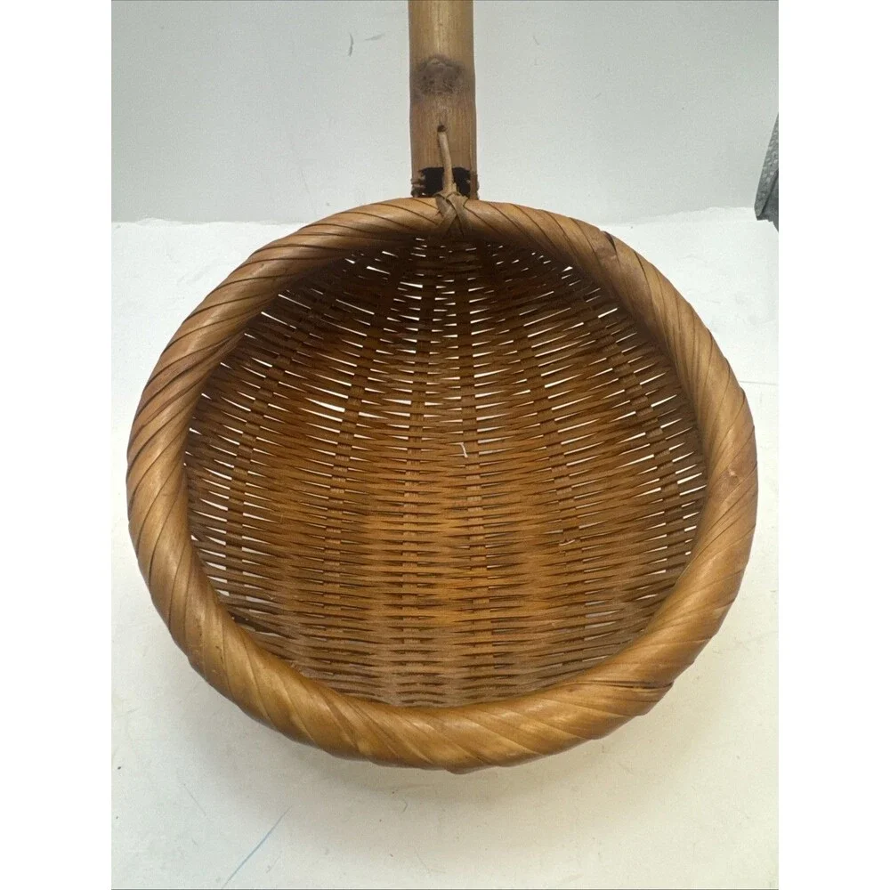 2 Vtg Wicker Ladles Spoon Scoop Woven Rattan Basket Wood Handle Primitive